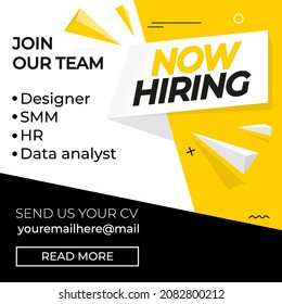 Hiring recruitment design poster. We are hiring template with chat bubbles. Vector illustration. Open vacancy design template in yellow, black and white colors. Join our team background, card, banner.