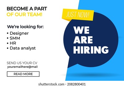 Hiring recruitment design poster. We are hiring template with chat bubbles. Vector illustration. Open vacancy design template in yellow, blue and white colors. Join our team background, card, banner.