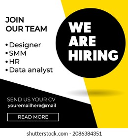 Hiring recruitment design poster. We are hiring design template with geometric shapes and trendy bold typography. Vector illustration. Open vacancy flat style concept