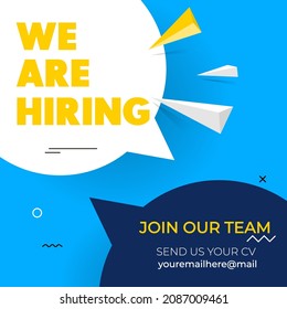 Hiring recruitment design poster. We are hiring design template with geometric shapes. Vector illustration. Open vacancy flat style concept