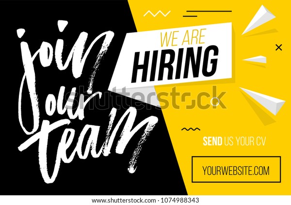 Hiring recruitment design poster. We are\
hiring brush lettering with geometric shapes. Vector illustration.\
Open vacancy design\
template.\
