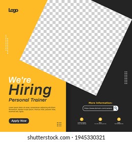 Hiring Recruitment Design For Social Media Post Template. Job Vacancy For Personal Trainer. Creative Announcement Flyer On Yellow And Black Color