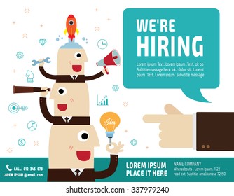Hiring. Recruitment.	
Hand pointing to professional of businessman.
flat vector illustration concept..
for presentation web banner poster printed materials.
isolated on white background