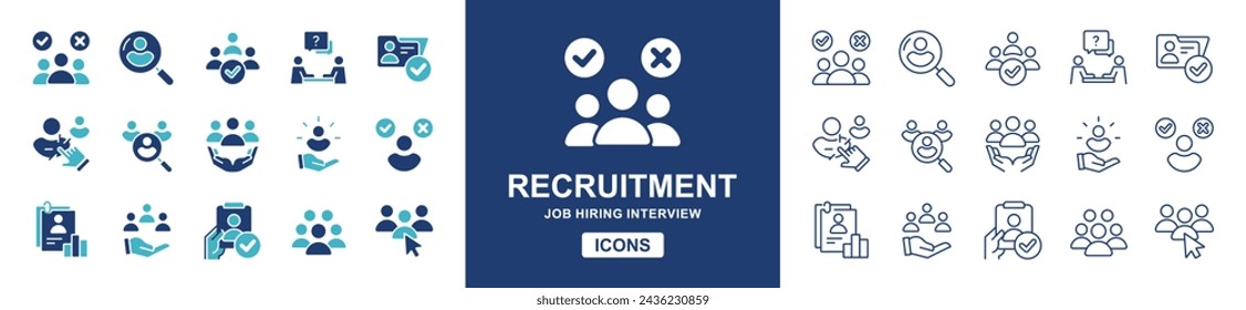 hiring recruitment icons set. Job interview, headhunting, career, resume, candidate, hire, human resource recruitment management icons vector illustration. solid and line styles collection