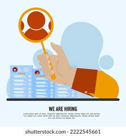 Hiring recruitment open job design info label template. We are recruiting join. vector illustration of hand holding a magnifying glass with people icon isolated on blue background