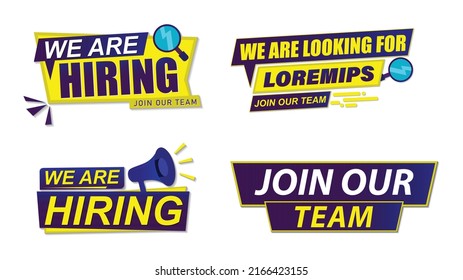 Hiring recruitment open vacancy  white background isolated icon tags. with We are hiring, join our team, looking for talent,  announcement. yellow, blue gradient, white,  color  vector illustration.