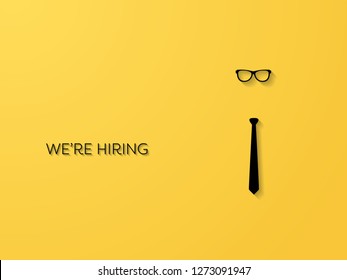 Hiring and recruitment poster or banner vector concept in mimimalist style with tie and glassses. Symbol of vacancies, job offers, career development, job advertisement. Eps10 vector illustration.