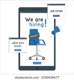 Hiring and recruitment poster or banner vector concept in minimalist style with CHAIR . Symbol of vacancies, job offers, career development, job advertisement. Join our team or we are hiring text 1901