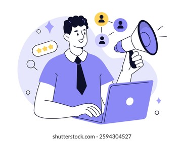Hiring and recruitment process. Character holding megaphone and looking for new employee. Job searching, interview, human resources concept. Vector illustration.