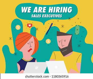 Hiring / Recruitment team with computer.  Recruiting Concept with icons in background. Business. Vector illustration of a man and woman. We're Hiring Sales Executives