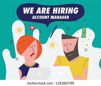 Hiring / Recruitment team with computer.  Recruiting Concept with icons in background. Business. Vector illustration of a man and woman. We're Hiring Account Manager