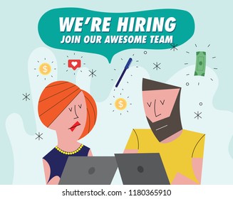 Hiring / Recruitment team with computer. We're hiring with icons in background. Business Recruiting Concept. Vector illustration of a man and woman