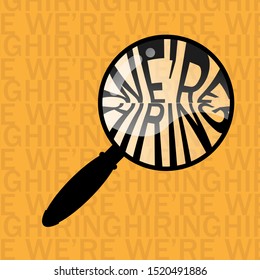Hiring or recruitment website banner vector template . we're hiring lettering in magnifying glass . 