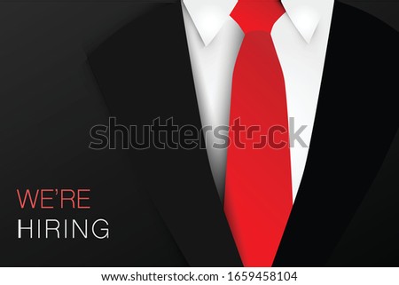 Hiring or recruitment website banner vector template with businessman in suits with red tie. Job vacancy advertisement. Eps10 illustration.