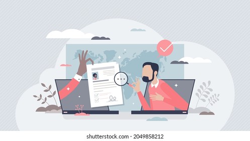 Hiring remotely and send job application or CV online tiny person concept. Distant freelance work review and applying to occupation using laptop and remote connection interview vector illustration. svg