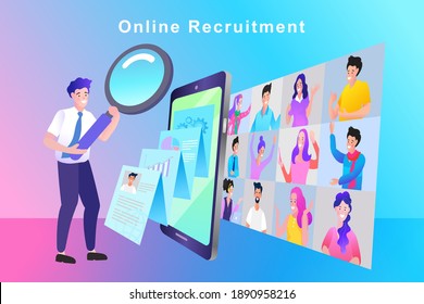 Contratar la vacante de trabajo de la oficina de búsqueda, el personal del equipo de Fine selecciona el mejor profesional del personal. Recursos Humanos. HR con lupa buscando un trabajador creativo entre la multitud.