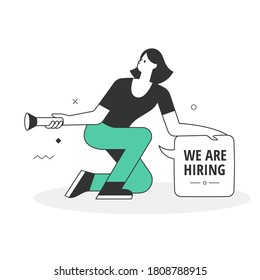 Hiring and searching concept. A woman recruiter with a flashlight in hand searching for a talented candidate for a vacant position in a team. Scenes from the world of business and technology