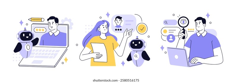 Hiring set. Characters use artificial intelligence technology for business recruitment process, job searching, interview. Human recourses concept. Vector illustration.