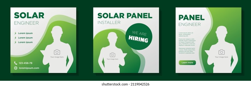 Hiring Solar Mechanic Social Media Post, Square Banner Set, Modern Panel Installer Advertisement Concept, Job Employee Green Energy Marketing Ad, Abstract Print, Isolated On Background.