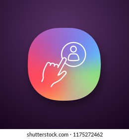 Hiring staff button app icon. Searching personnel click. Recruitment service. Hand pressing button. UI/UX user interface. Web or mobile application. Vector isolated illustration