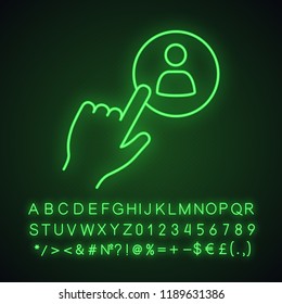Hiring staff button neon light icon. Searching personnel click. Recruitment service. Hand pressing button. Glowing sign with alphabet, numbers and symbols. Vector isolated illustration