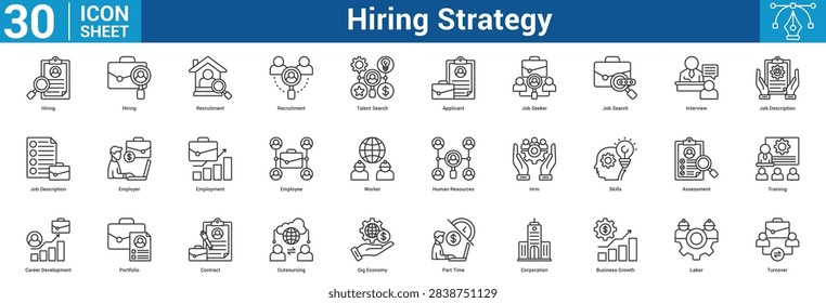 Hiring Strategy editable icon set vector illustration concept for business with icon of Hiring, Hiring, Recruitment, Recruitment, Talent Search, Applicant, Job Seeker, Job Search, Interview, Jo.
