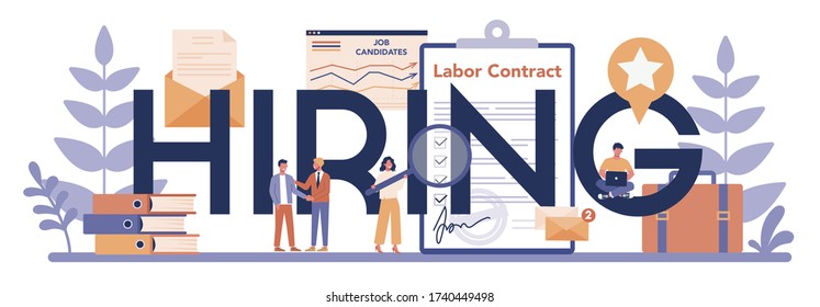 Concepto de encabezado tipográfico de contratación. Idea de empleo y entrevista laboral. Búsqueda del director de contratación. Ilustración vectorial plana aislada