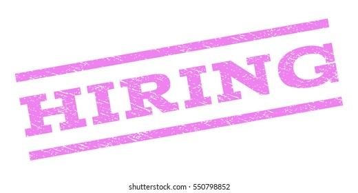 Hiring watermark stamp. Text caption between parallel lines with grunge design style. Rubber seal stamp with dust texture. Vector violet color ink imprint on a white background.