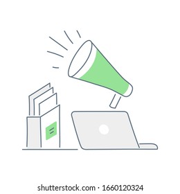 Hiring or web marketing, advertising or PR icon concept. Horn, laptop and stack of documents. Flat line isolated vector illustration on white.