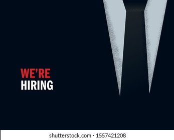 Hiring website banner or poster vector concept. Black tie and suit for cool advertising of job vacancy, position, offer. Career opportunities and recruitment symbol. Eps10 illustration.