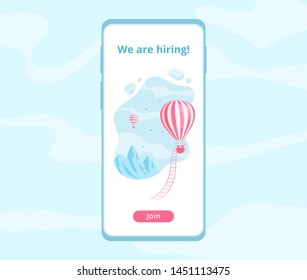 Hiring worker message mobile app template vector illustration. Red hot air balloon with ladder and blue mountain landscape at mobile application phone screen for employment offer.