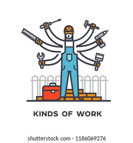 Hiring a worker, repairing a house, a multi-armed man with tools. Stages of construction. lined icon, icons. Advertising booklet site infographic Vector illustration