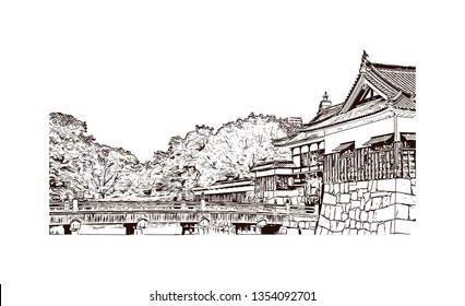 Hiroshima Castle, sometimes called Carp Castle, is a castle in Hiroshima, Japan. Hand drawn sketch illustration in vector.