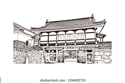 Hiroshima Castle, sometimes called Carp Castle, is a castle in Hiroshima, Japan. Hand drawn sketch illustration in vector.