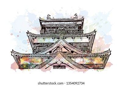 Hiroshima Castle, sometimes called Carp Castle, is a castle in Hiroshima, Japan. Watercolor splash with Hand drawn sketch illustration in vector.