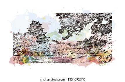 Hiroshima Castle, sometimes called Carp Castle, is a castle in Hiroshima, Japan. Watercolor splash with Hand drawn sketch illustration in vector.