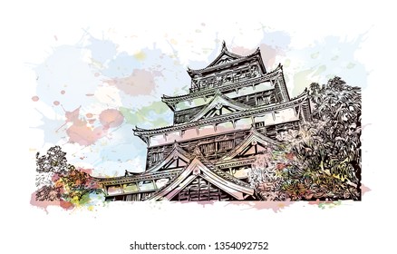 Hiroshima Castle, sometimes called Carp Castle, is a castle in Hiroshima, Japan. Watercolor splash with Hand drawn sketch illustration in vector.
