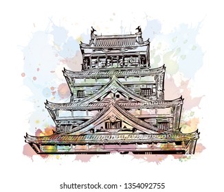 Hiroshima Castle, sometimes called Carp Castle, is a castle in Hiroshima, Japan. Watercolor splash with Hand drawn sketch illustration in vector.
