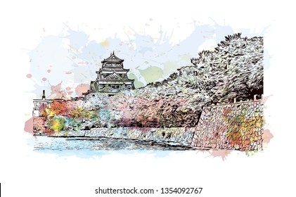 Hiroshima Castle, sometimes called Carp Castle, is a castle in Hiroshima, Japan. Watercolor splash with Hand drawn sketch illustration in vector.