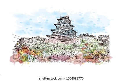 Hiroshima Castle, sometimes called Carp Castle, is a castle in Hiroshima, Japan. Watercolor splash with Hand drawn sketch illustration in vector.