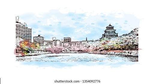 Hiroshima Castle, sometimes called Carp Castle, is a castle in Hiroshima, Japan. Watercolor splash with Hand drawn sketch illustration in vector.