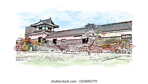 Hiroshima Castle, sometimes called Carp Castle, is a castle in Hiroshima, Japan. Watercolor splash with Hand drawn sketch illustration in vector.