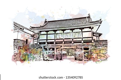 Hiroshima Castle, sometimes called Carp Castle, is a castle in Hiroshima, Japan. Watercolor splash with Hand drawn sketch illustration in vector.