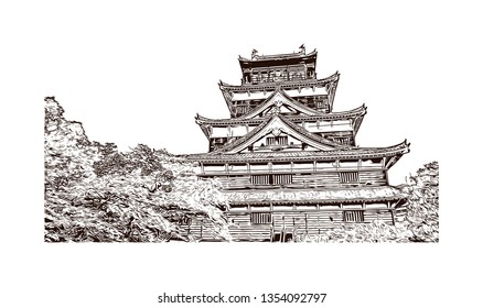 Hiroshima Castle, sometimes called Carp Castle, is a castle in Hiroshima, Japan. Hand drawn sketch illustration in vector.