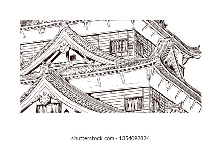 Hiroshima Castle, sometimes called Carp Castle, is a castle in Hiroshima, Japan. Hand drawn sketch illustration in vector.