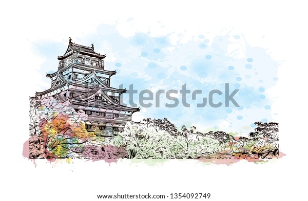 Hiroshima Castle, sometimes called Carp Castle,\
is a castle in Hiroshima, Japan. Watercolor splash with Hand drawn\
sketch illustration in\
vector.