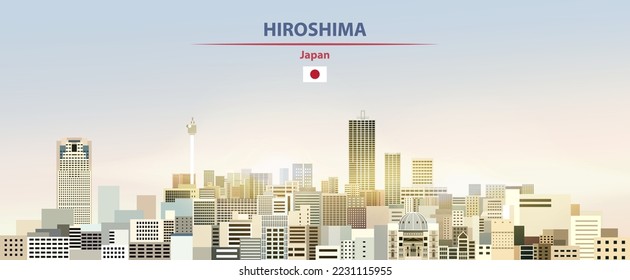 Hiroshima cityscape on sunrise sky background with bright sunshine. Vector illustration