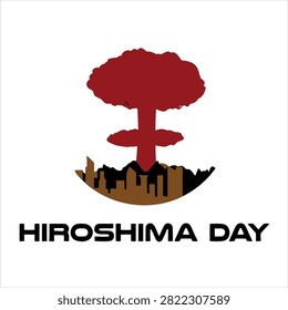 Hiroshima day nuclear bomb explosion silhouette with city outline background, symbol of devastation and remembrance.