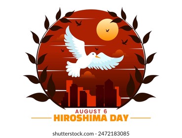 Ilustración vectorial del Día de Hiroshima para el 6 de agosto con una paloma de la paz y un fondo de explosión nuclear en un diseño plano de dibujos animados