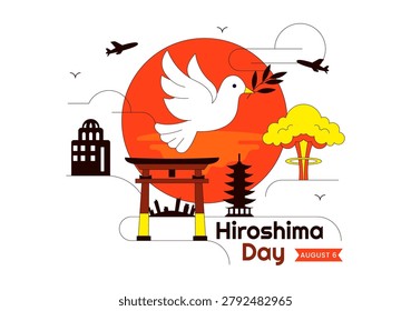 Hiroshima Day Vector Illustration Featuring Peace Dove, Nuclear Remembrance, Atomic Bomb Memorial, Peace Advocacy, and August 6 Commemoration